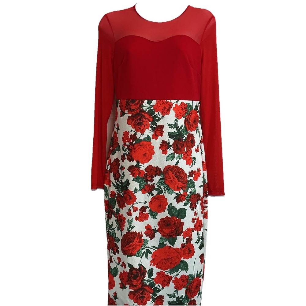 Stunning‎ Shein Red Rose Pattern Below Knee Long Sleeve Dress - Size S